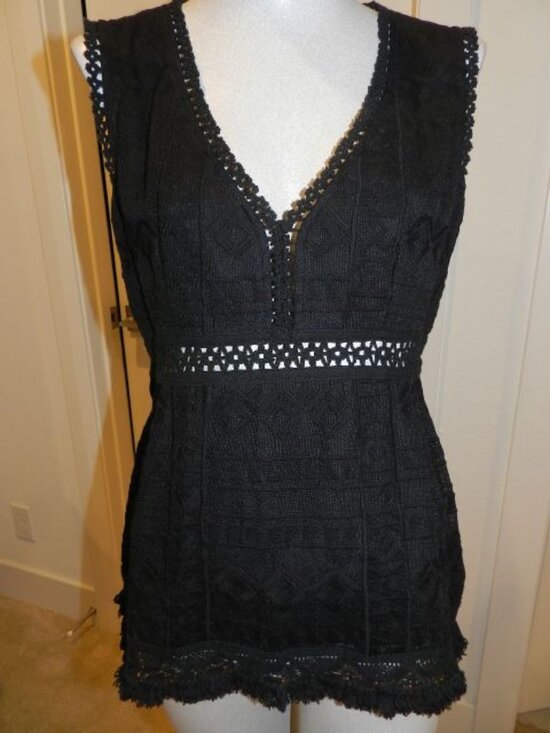 Nanette Lepore Tops - Nanette Lepore Black Boho Fringe Trim Crochet Knit Top Size 6